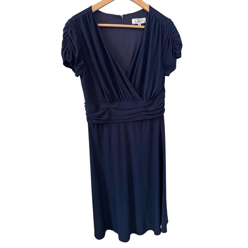 Clues New York Paris Navy Blue Dress Ruched Sleeves Formal‎ Career Cocktail